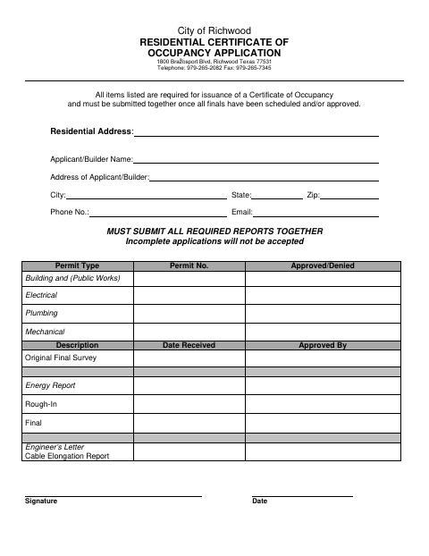 First page of the Residential Certificate of Occupancy Application