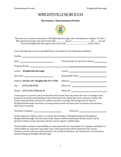 First page of the Recreation / Entertainment Permit