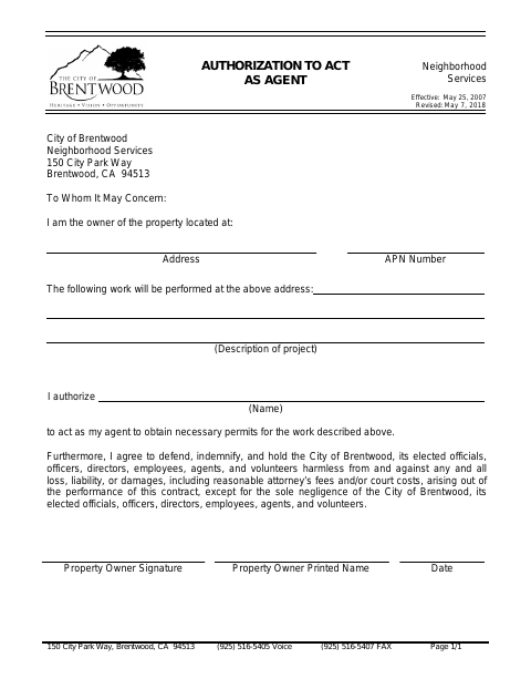 First page of the Authorization to Act as an Agent