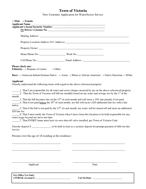 First page of the New Customer Application for Water/Sewer Service