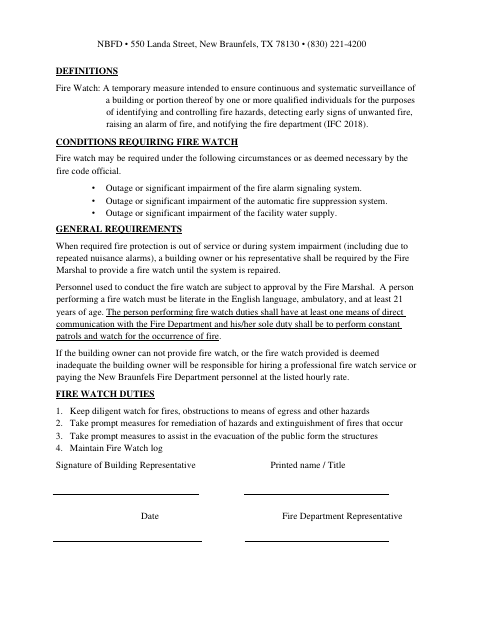 First page of the Fire Watch Form