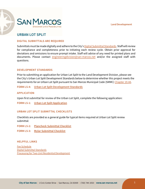 First page of the Urban Lot Split Submittal Package