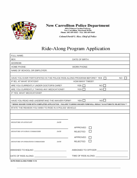 First page of the Ride-Along Program Application and Waiver of Liability