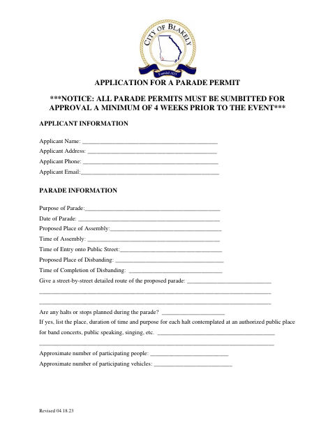 First page of the Application for a Parade Permit