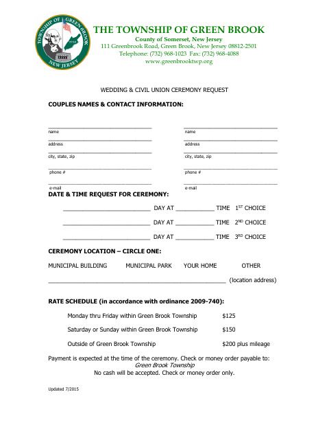 First page of the Wedding & Civil Union Ceremony Request