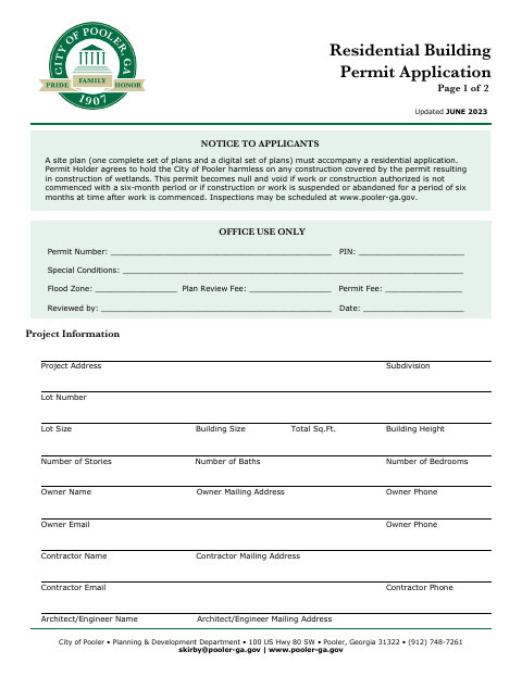 First page of the Residential Building Permit Application
