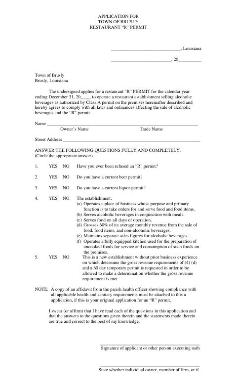 First page of the Restaurant “R” Permit Application