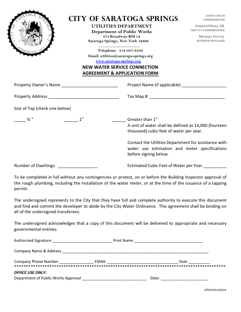 First page of the New Water Service Connection Agreement & Application Form