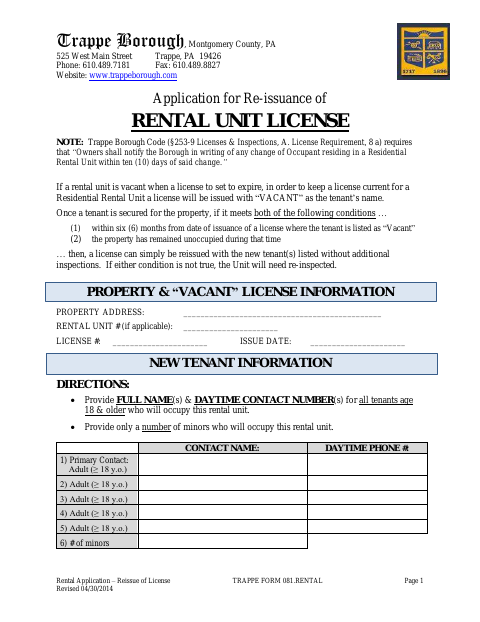 First page of the Application for Re-Issuance of Rental Unit License