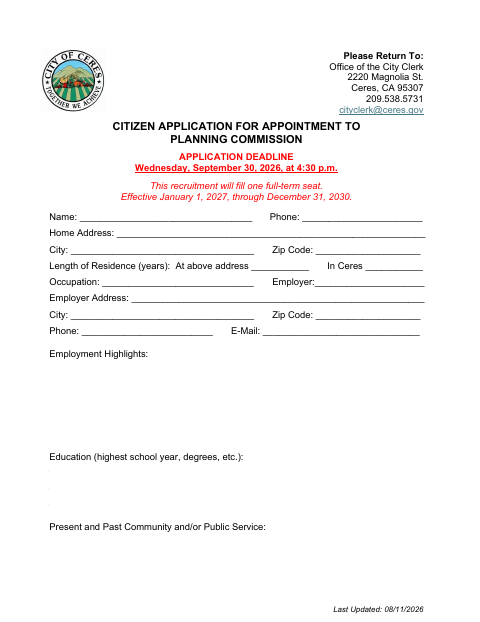 First page of the Citizen Application for Appointment to Planning Commission