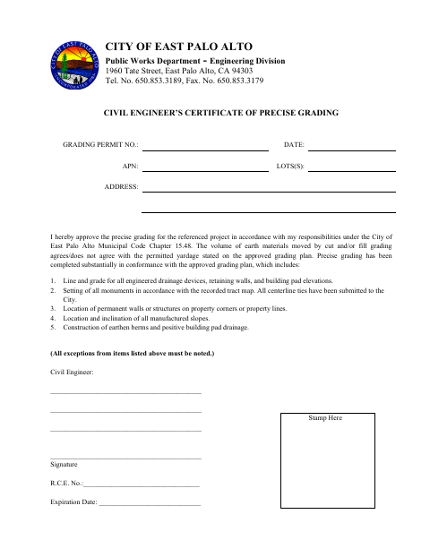 First page of the Civil Engineer’s Certificate of Precise Grading