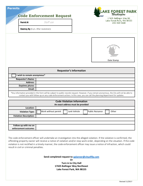 First page of the Code Enforcement Request Form