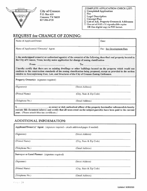 First page of the Change of Zoning Application