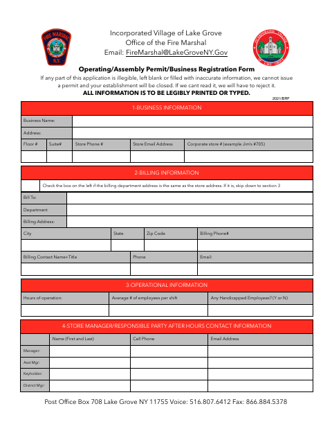 First page of the Operating/Assembly Permit/Business Registration Form