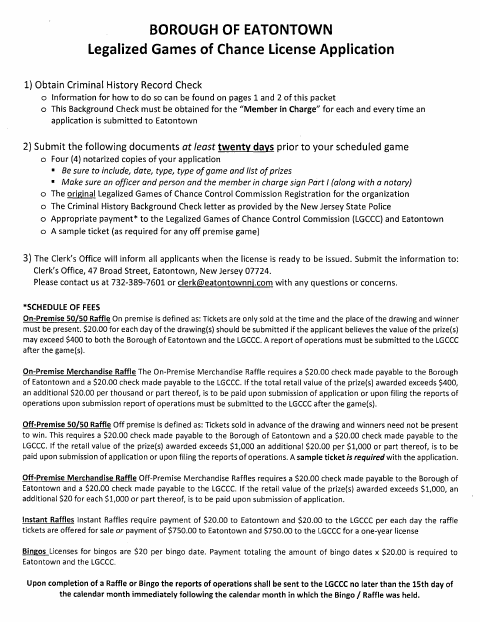 First page of the Legalized Games of Chance License Application