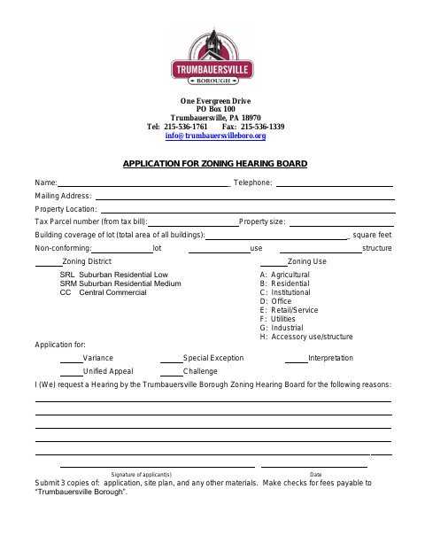 First page of the Zoning Hearing Board Application