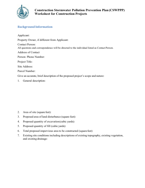 First page of the Construction Stormwater Pollution Prevention Plan (CSWPPP) Worksheet