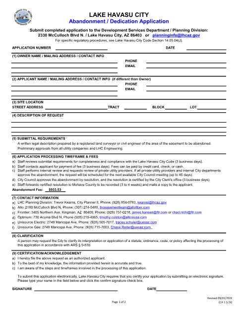 First page of the Abandonment / Dedication Application