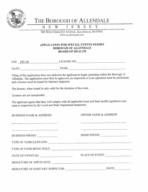 First page of the Special Events Permit Application