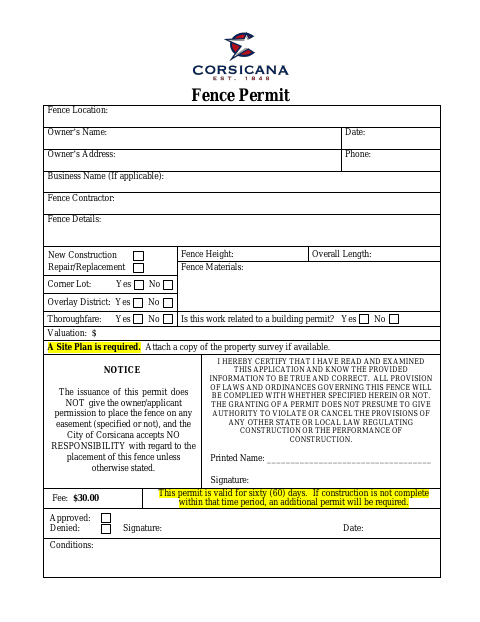 First page of the Fence Permit