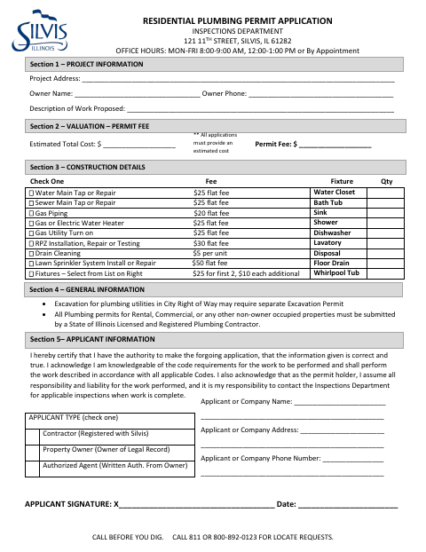 First page of the Residential Plumbing Permit Application
