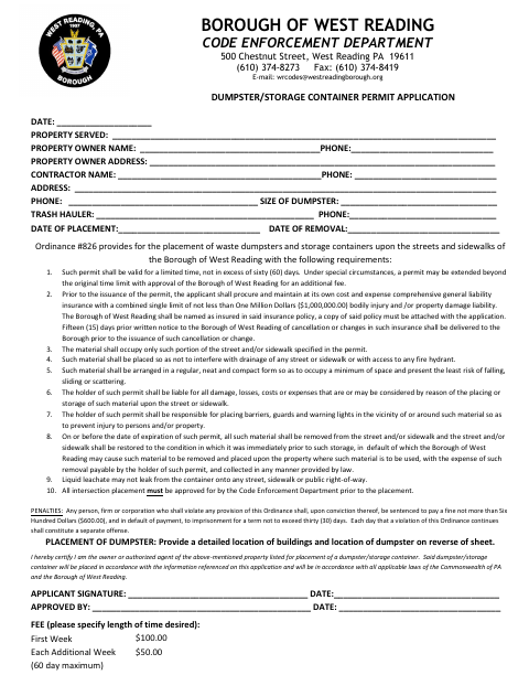 First page of the Dumpster/Storage Container Permit Application