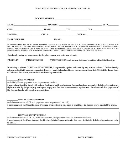 First page of the Municipal Court Plea Form