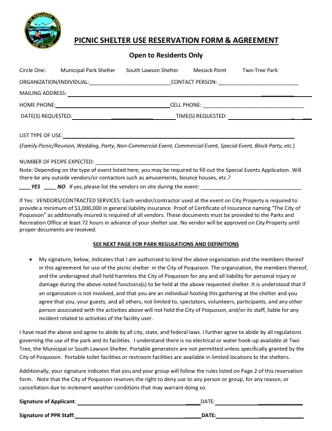 First page of the Picnic Shelter Use Reservation Form & Agreement
