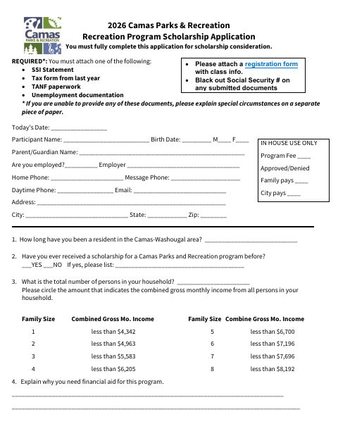 First page of the 2026 Parks & Recreation Program Scholarship Application