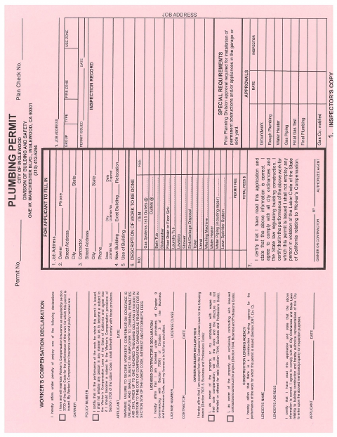 First page of the Plumbing Application