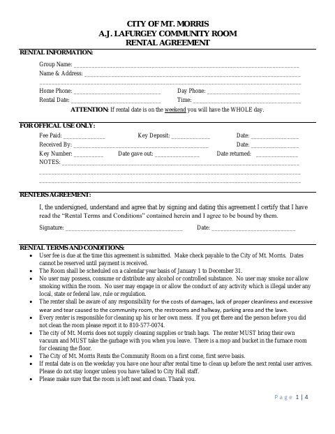 First page of the A.J. Lafurgey Community Room Rental Agreement