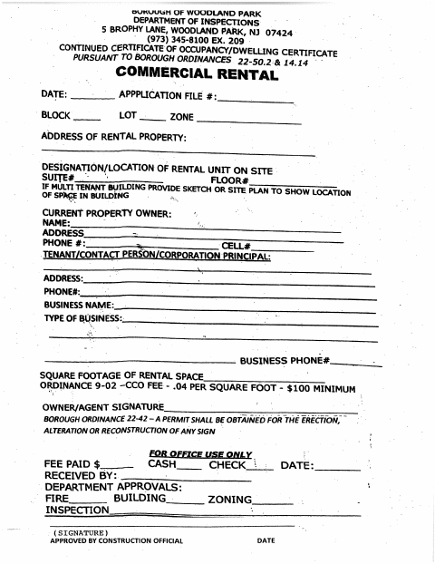 First page of the Commercial Rental Certificate Application