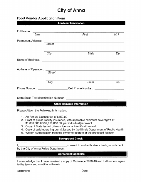 First page of the Food Vendor Application