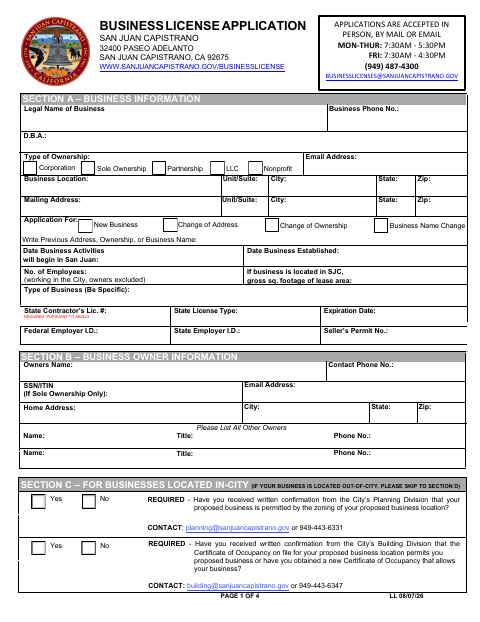 First page of the Business License Application