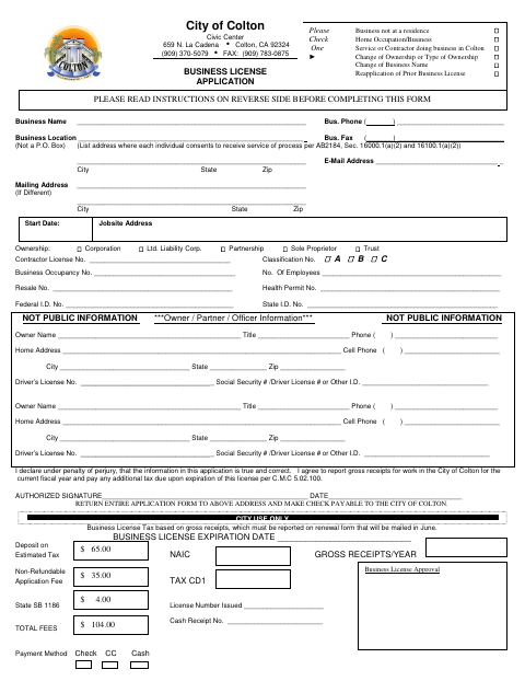 First page of the Contractor's Business License Application