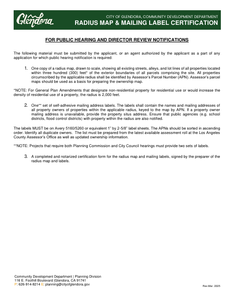 First page of the Radius Map & Mailing Label Certification
