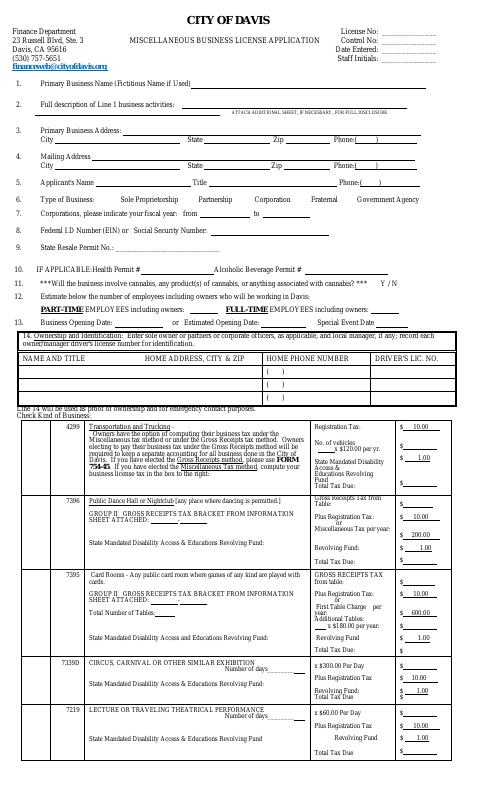 First page of the Miscellaneous Business License Application
