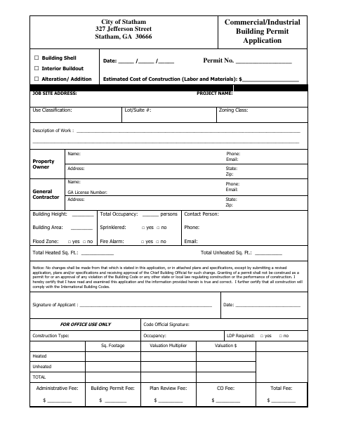 First page of the Commercial/Industrial Building Permit Application
