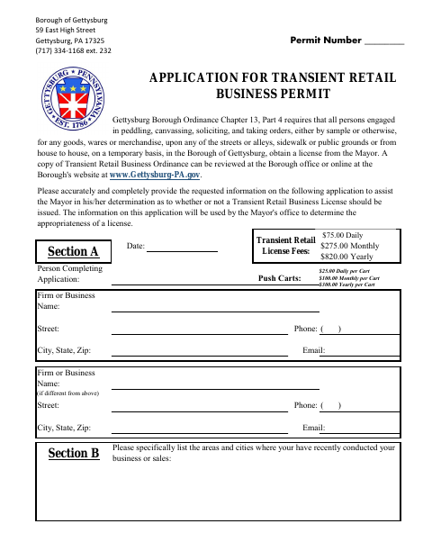 First page of the Transient Retail Business License Application