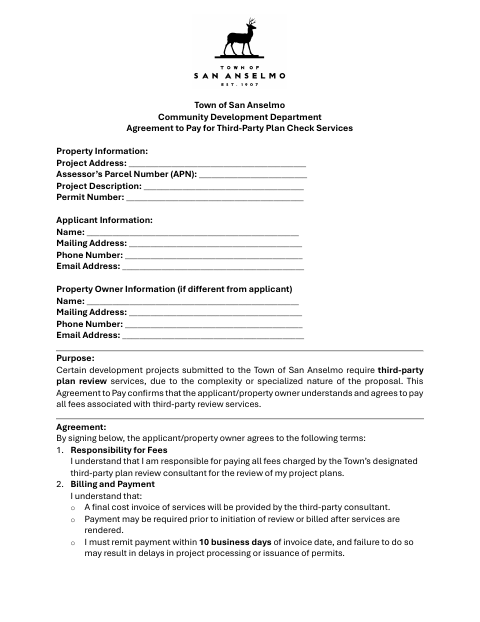 First page of the Agreement to Pay for Third-Party Plan Check Services