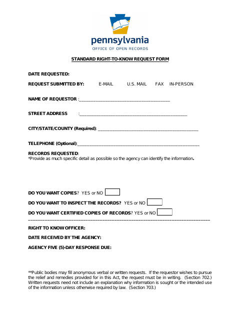 First page of the Standard Right-To-Know Request Form