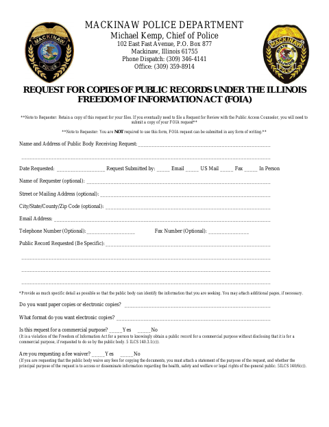First page of the Request for Copies of Public Records Under the Illinois Freedom of Information Act (FOIA)