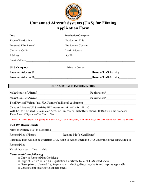 First page of the Unmanned Aircraft Systems (UAS) for Filming Application Form