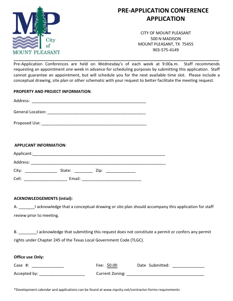 First page of the Pre-Application Conference Application