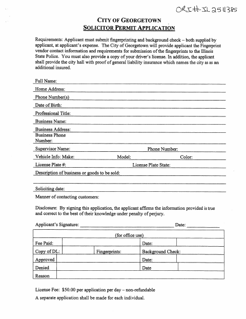 First page of the Solicitor Permit Application