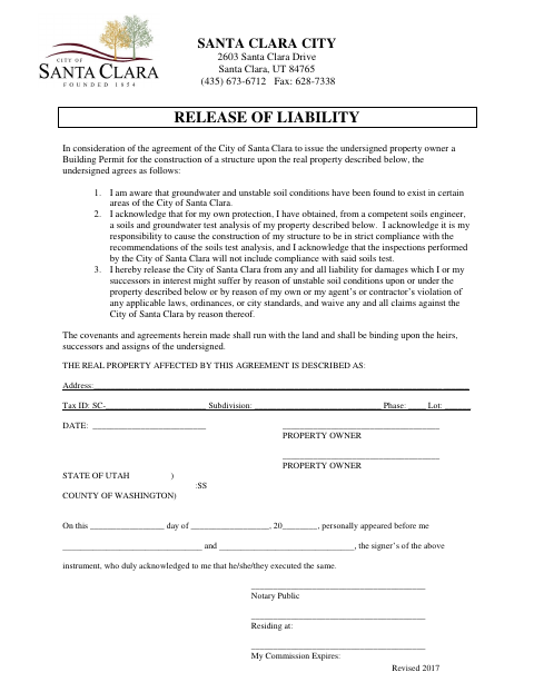 First page of the Release of Liability