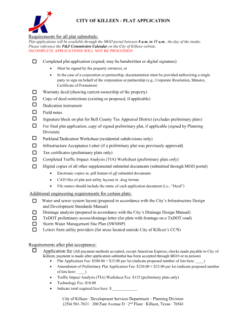 First page of the Plat Application
