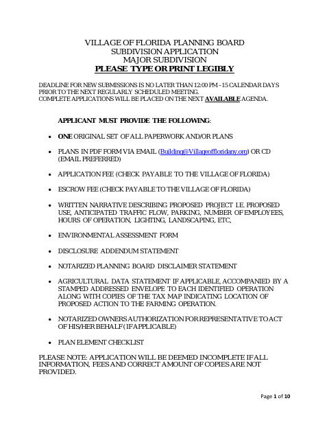 First page of the Major Subdivision Application