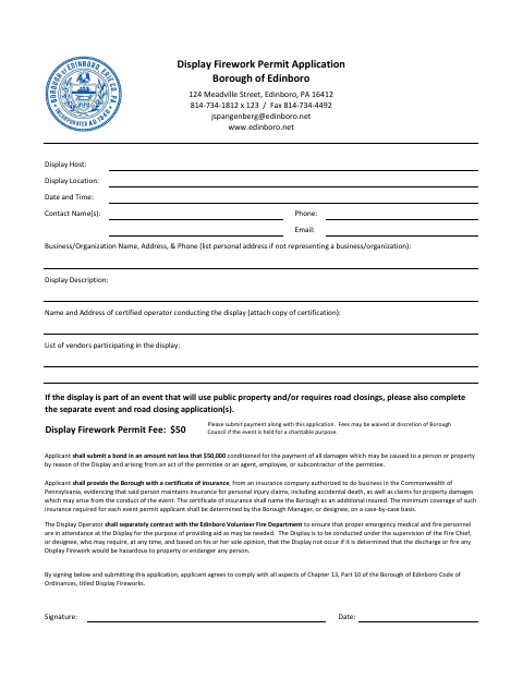 First page of the Display Firework Permit Application
