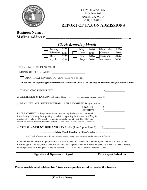 First page of the Report of Tax on Admissions
